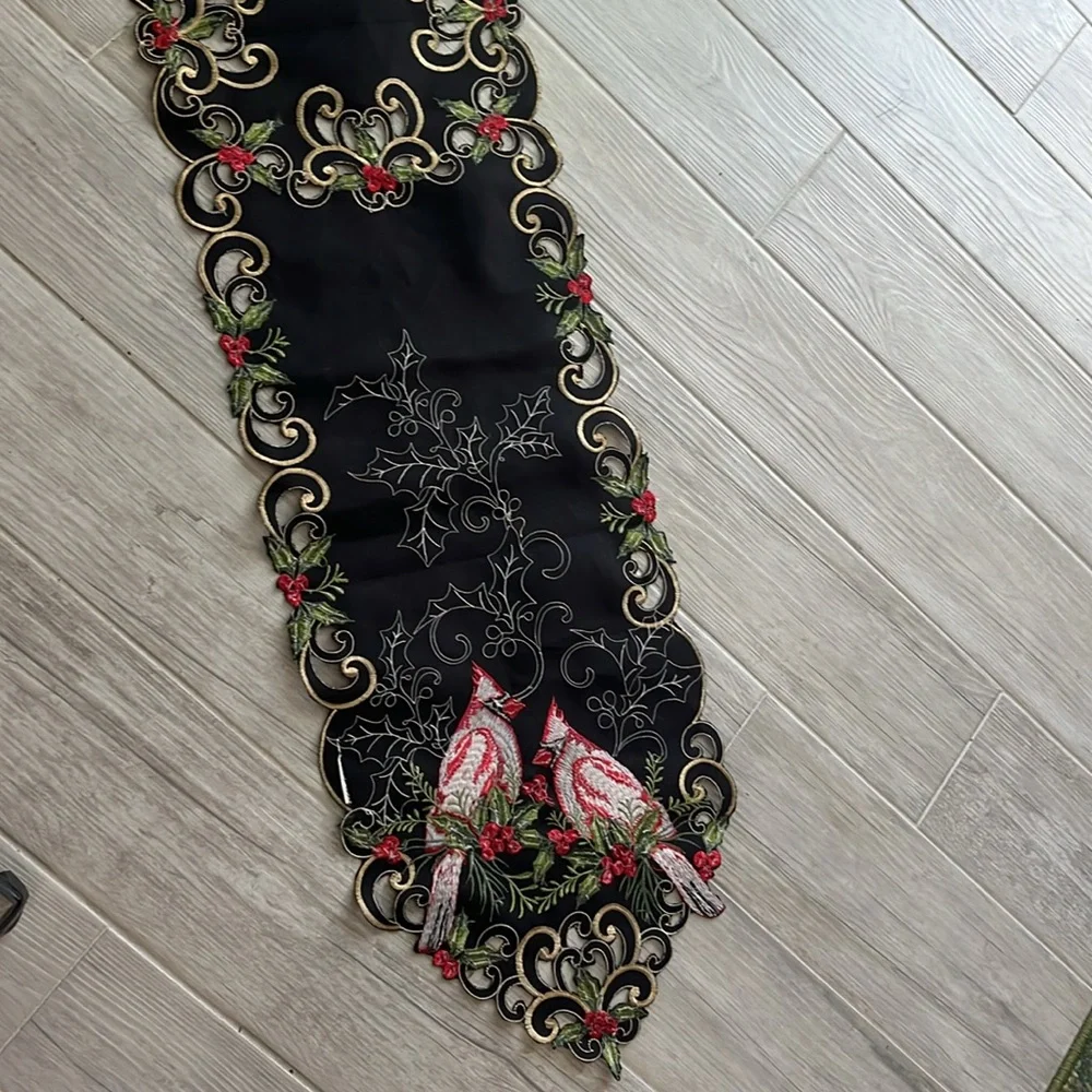 Holiday embroidered cardinal holly berry black gold table runner Christmas 67x12